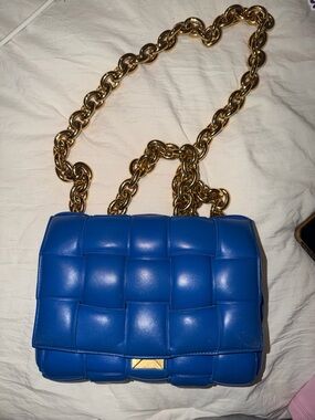Bottega Veneta Blue Padded Cassette Shoulder Bag with Gold Chain